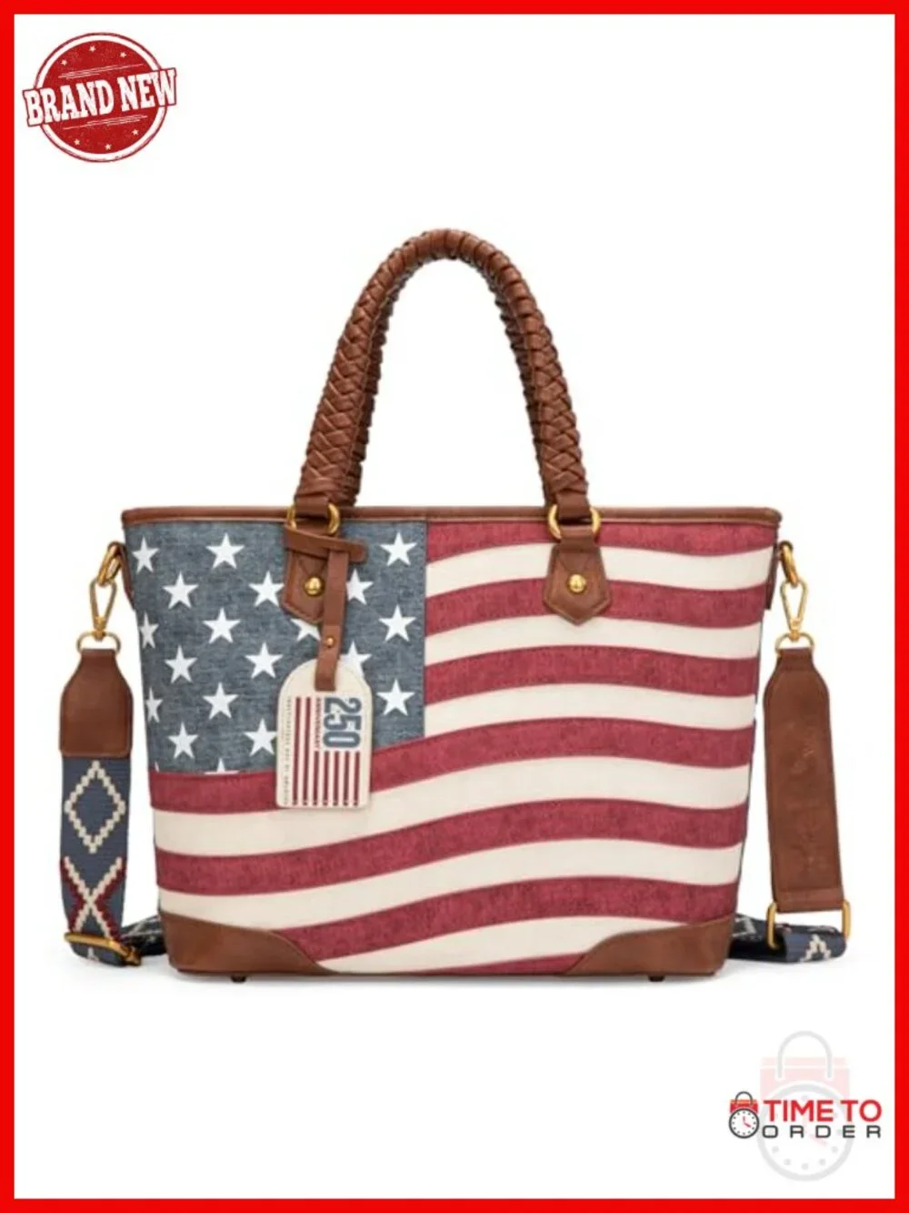 Vintage Patriotic Tote Bag with Braided Handles and Woven Crossbody Strap